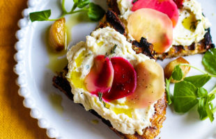 Bruschetta with smashed confit garlic and ricotta, Sarson’s pickled beetroot