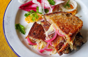 Two cheese and Sarson’s pink pickled onion grilled cheese sandwich